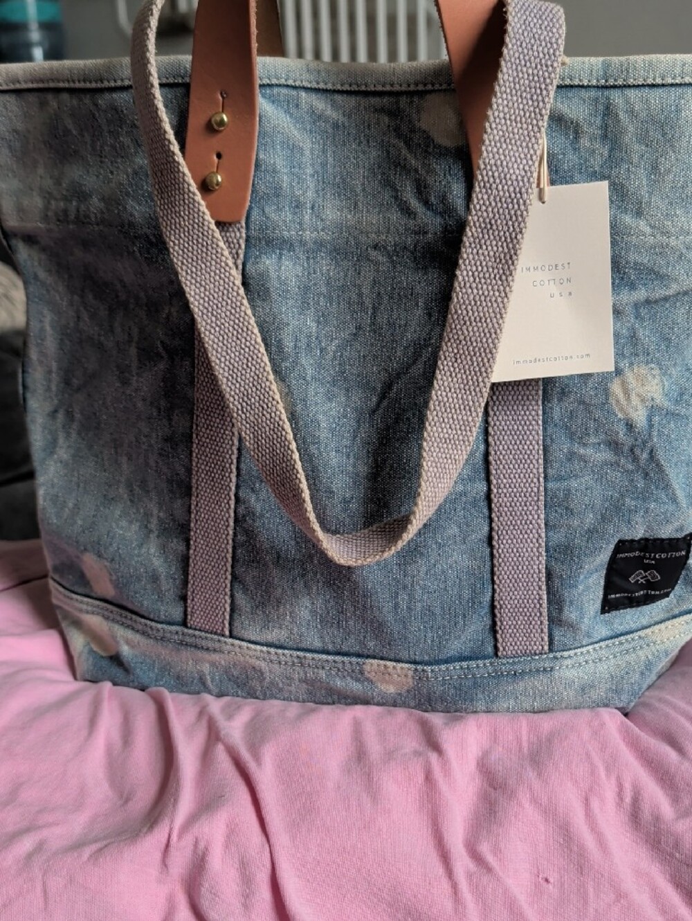 Immodest Cotton Washed Blue Denim Tote with Pink Accents and Leather Handles - Picture 2 of 7